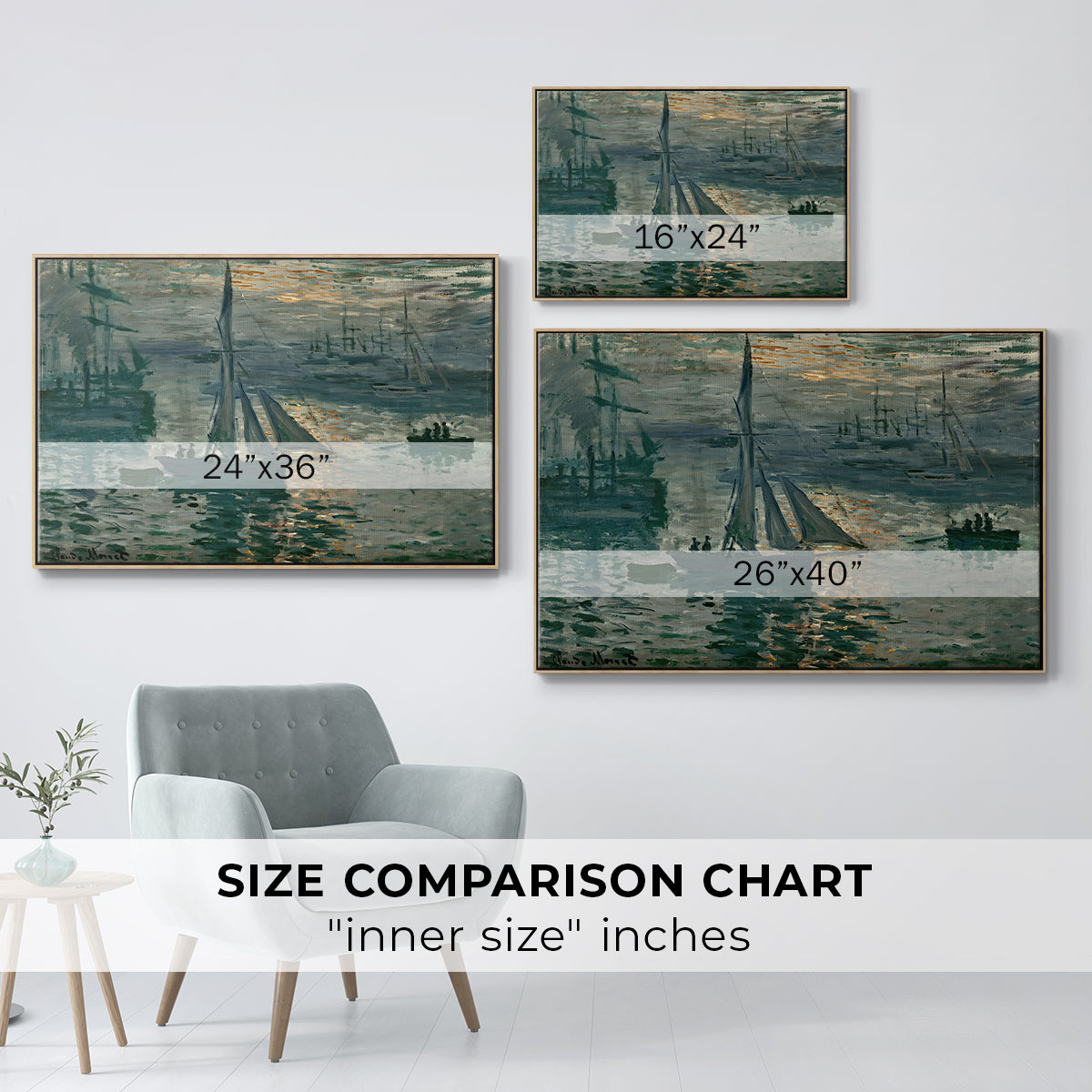 Size comparison chart for natural wood floater framed canvas featuring Sunrise (Marine), 1873 by Claude Monet.