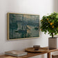 Sunrise (Marine), 1873 by Claude Monet, presented in a natural wood floater framed canvas featuring a hazy sunrise over harbor with boats silhouetted in soft morning light, displayed above a hallway console table.