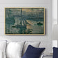 Sunrise (Marine), 1873 by Claude Monet displayed above a sofa in a living room in a natural wood floater frame, featuring an impressionist seascape with glowing sun and misty water.
