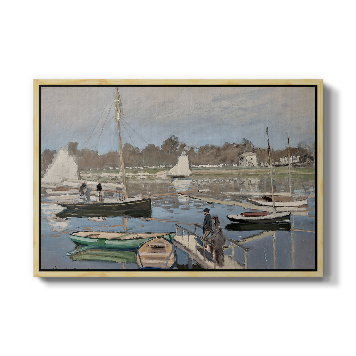 The Basin at Argenteuil, 1874 by Claude Monet in a natural wood floater framed canvas wall art display.