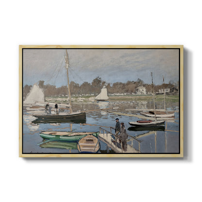 The Basin at Argenteuil, 1874 by Claude Monet in a natural wood floater framed canvas wall art display.