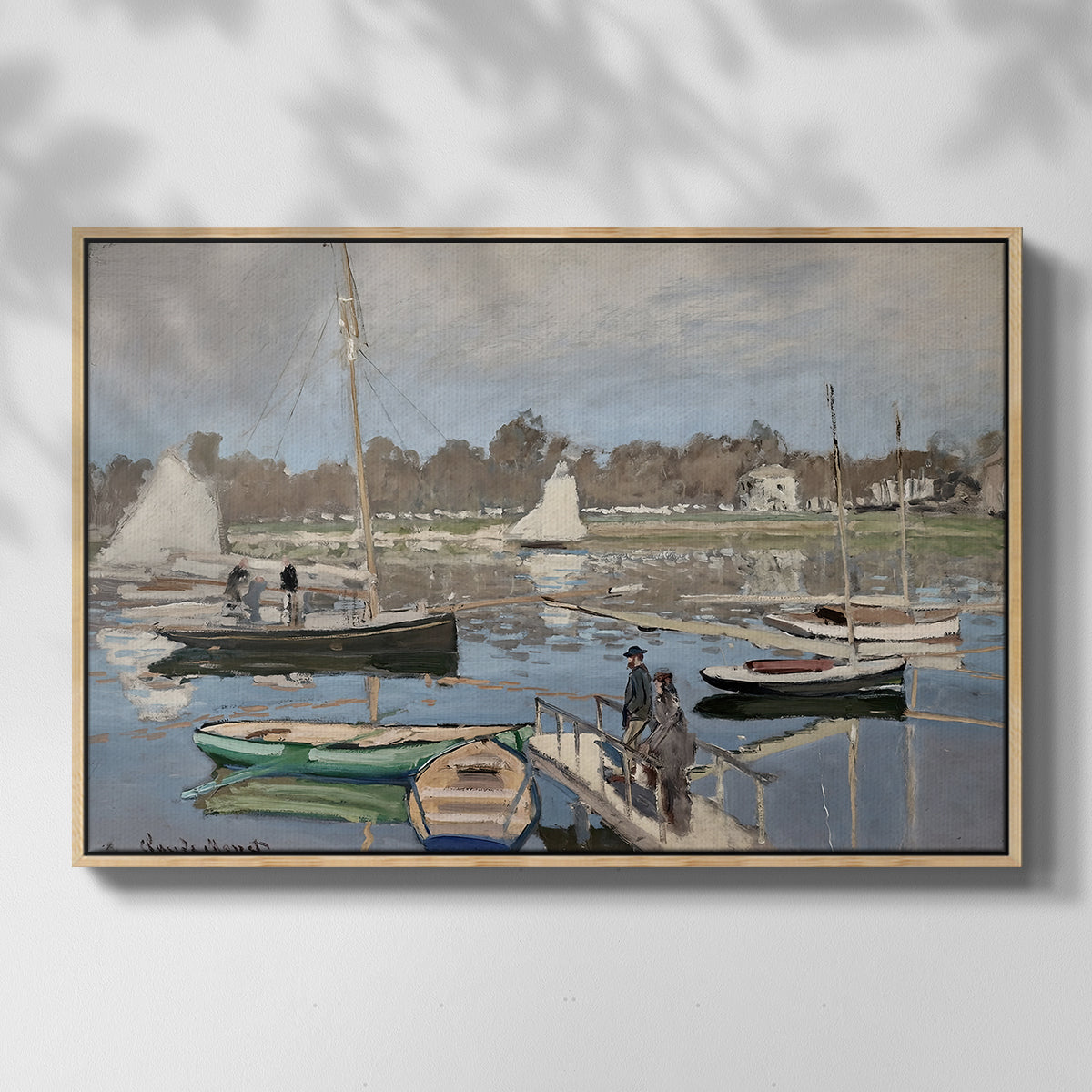 Front view of The Basin at Argenteuil, 1874 by Claude Monet in a natural wood floater framed canvas.