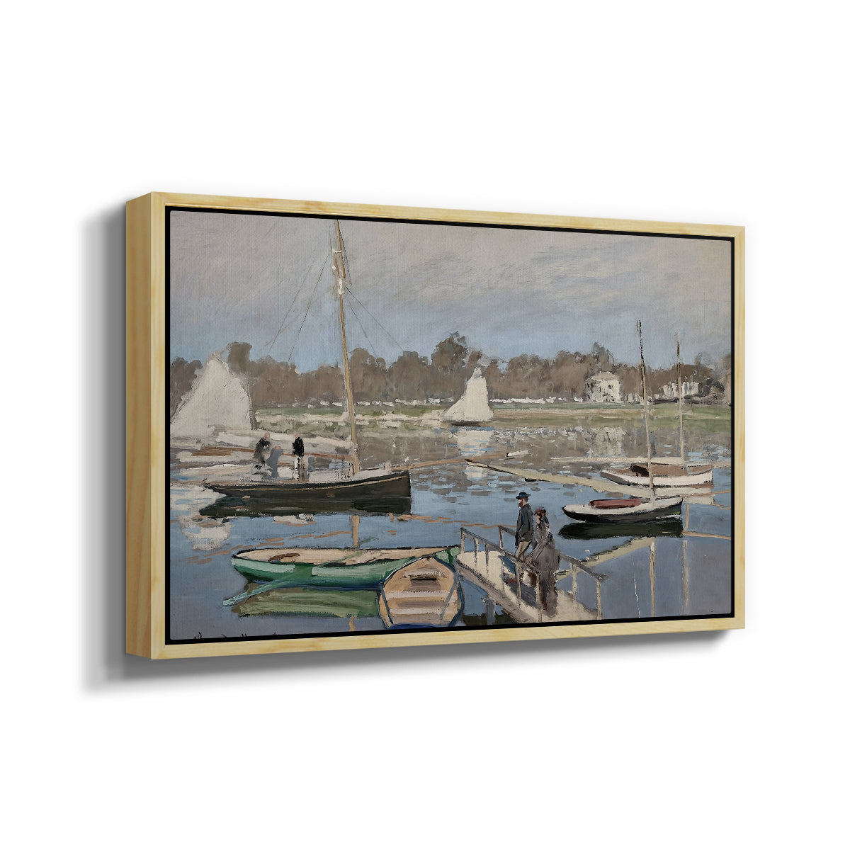 Angled view of The Basin at Argenteuil, 1874 by Claude Monet in a natural wood floater framed canvas.