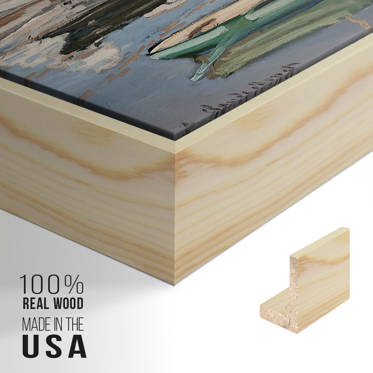 Close-up of the natural wood floater frame corner and gallery wrapped canvas construction.