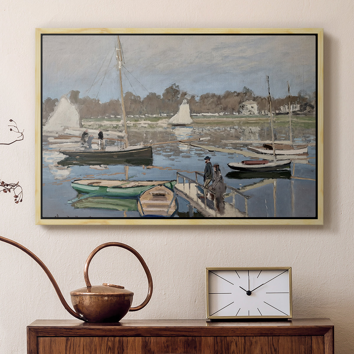 Natural wood floater framed canvas featuring a harbor basin filled with boats under soft sky, displayed above a cabinet in a soft-toned living room.