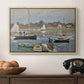 The Basin at Argenteuil, 1874 by Claude Monet in a natural wood floater framed canvas displayed above a console table in a hallway, featuring a tranquil river setting with sailboats and shoreline.