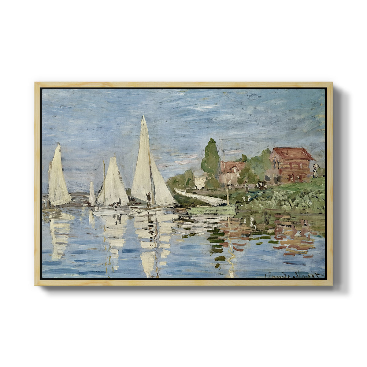 Regatta at Argenteuil, 1872 by Claude Monet in a natural wood floater framed canvas wall art display.