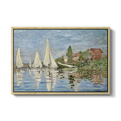 Regatta at Argenteuil, 1872 by Claude Monet in a natural wood floater framed canvas wall art display.