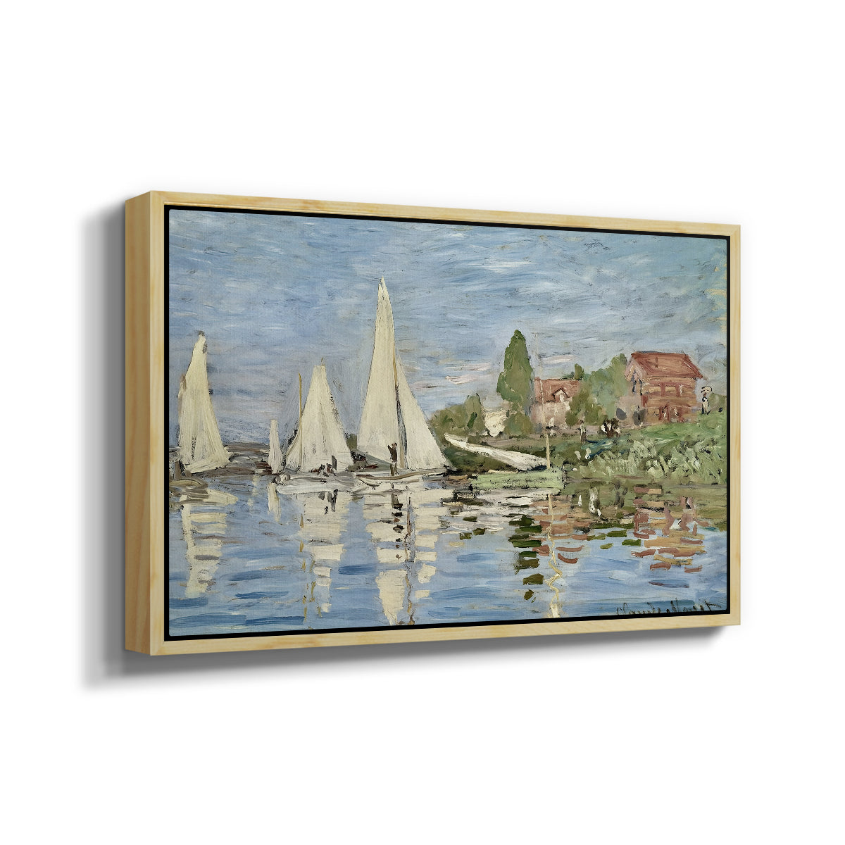 Angled view of Regatta at Argenteuil, 1872 by Claude Monet in a natural wood floater framed canvas.
