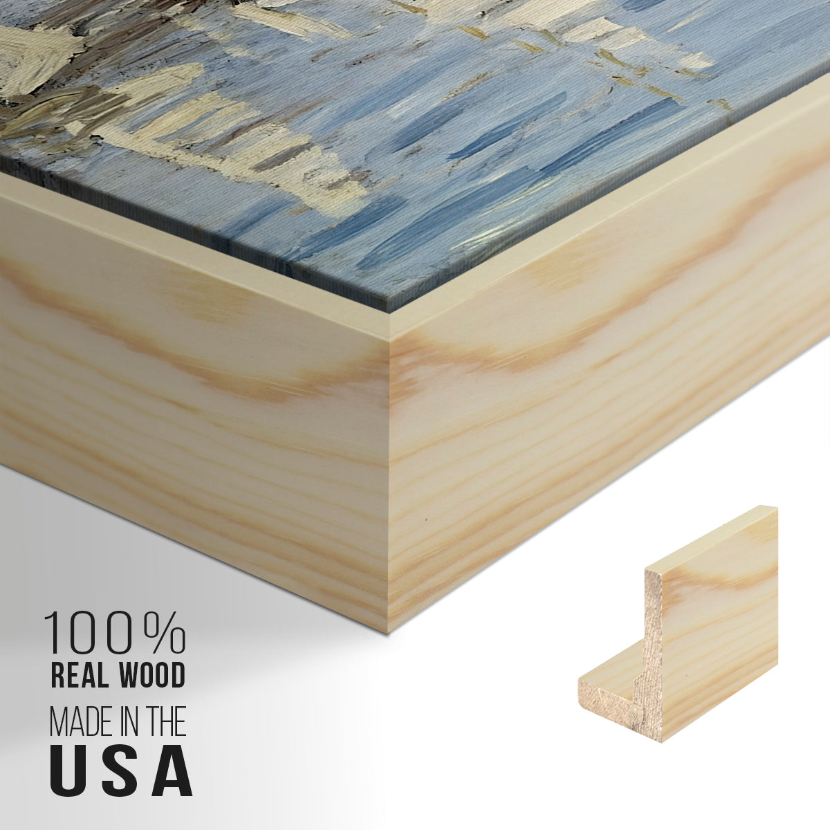 Close-up of the natural wood floater frame corner and gallery wrapped canvas construction.