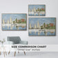 Size comparison chart for natural wood floater framed canvas featuring Regatta at Argenteuil, 1872 by Claude Monet.