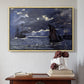 Natural wood floater framed canvas featuring A Seascape, Shipping by Moonlight, 1864 by Claude Monet above an entryway table in a minimalist foyer.
