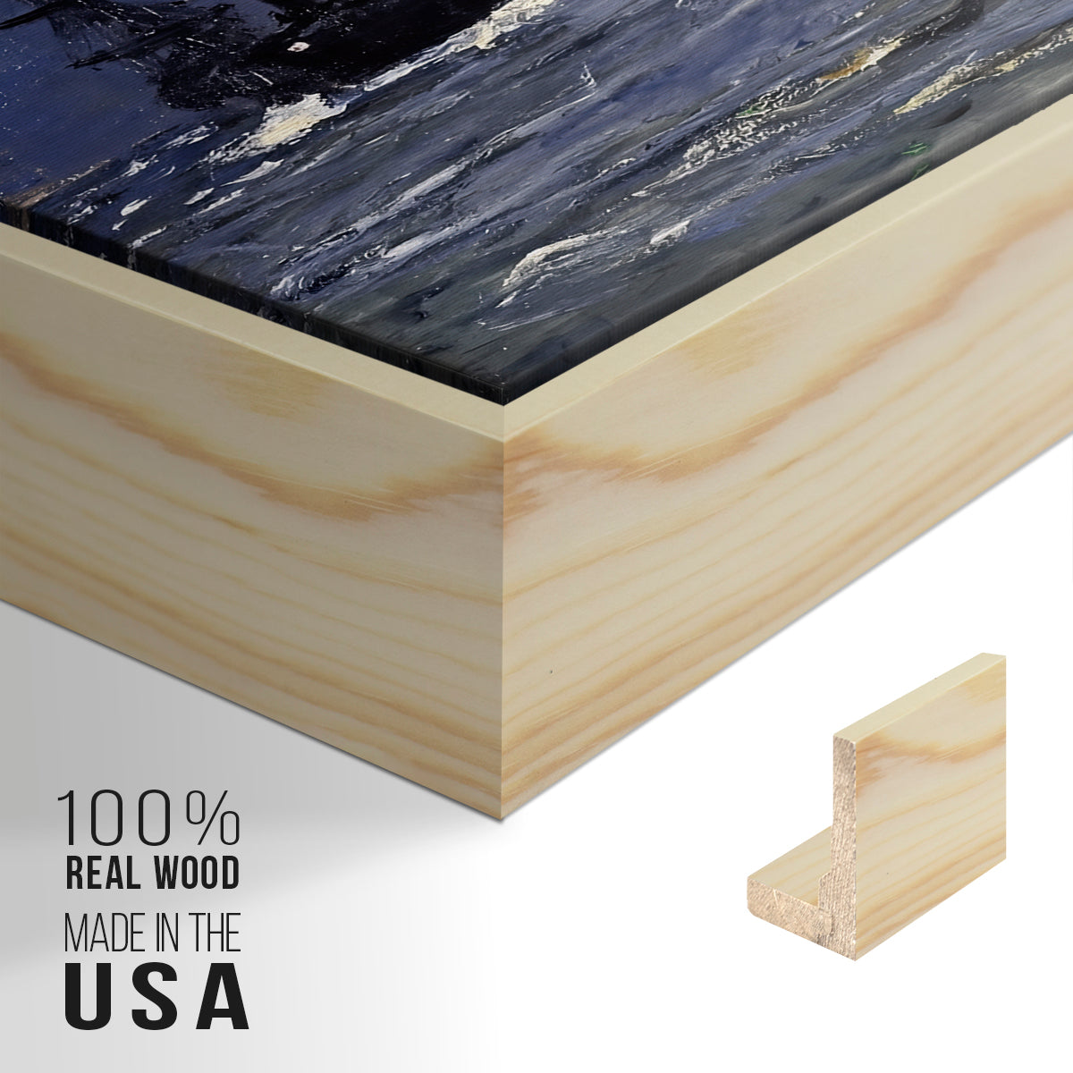 Close-up of the natural wood floater frame corner and gallery wrapped canvas construction.