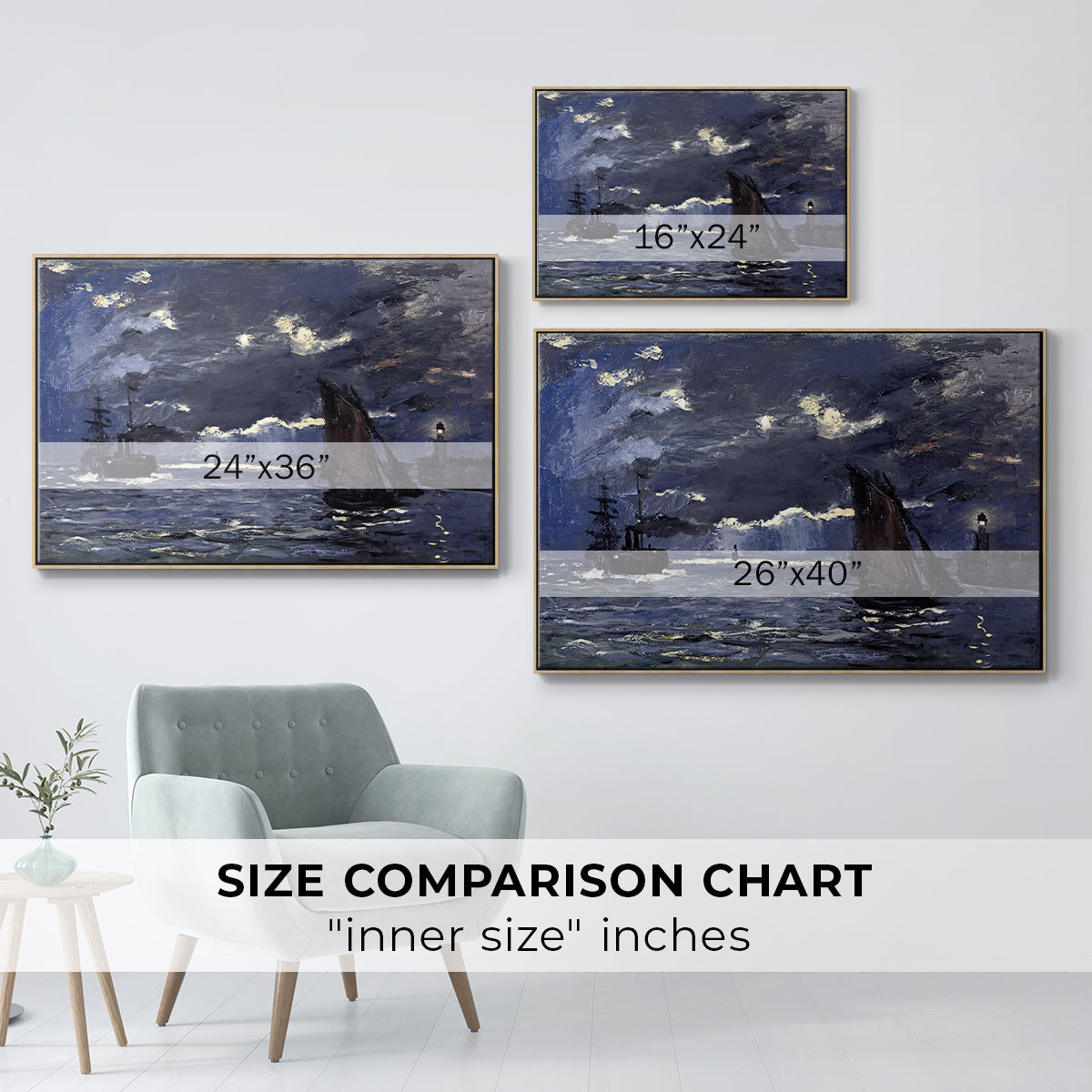 Size comparison chart for natural wood floater framed canvas featuring A Seascape, Shipping by Moonlight, 1864 by Claude Monet.