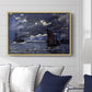 A Seascape, Shipping by Moonlight, 1864 by Claude Monet displayed above a sofa in a living room in a natural wood floater frame, featuring a nocturnal seascape with boats silhouetted against glowing moon.