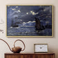 Natural wood floater framed canvas featuring a dramatic ocean scene with light reflecting across water at night, displayed above a cabinet in a soft-toned living room.