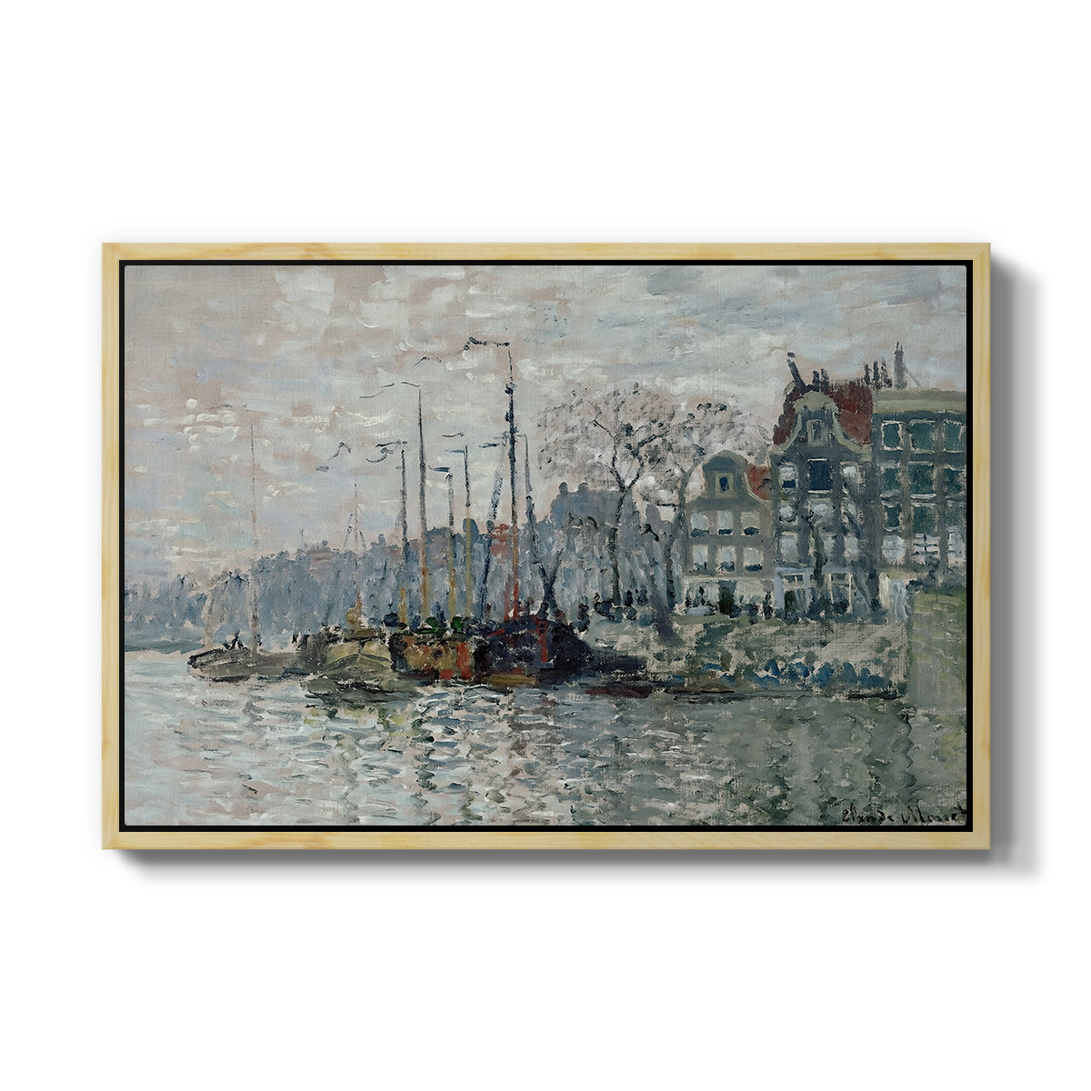 View of the Prins Hendrikkade and Kromme Waal in Amsterdam, 1874 by Claude Monet in a natural wood floater framed canvas wall art display.