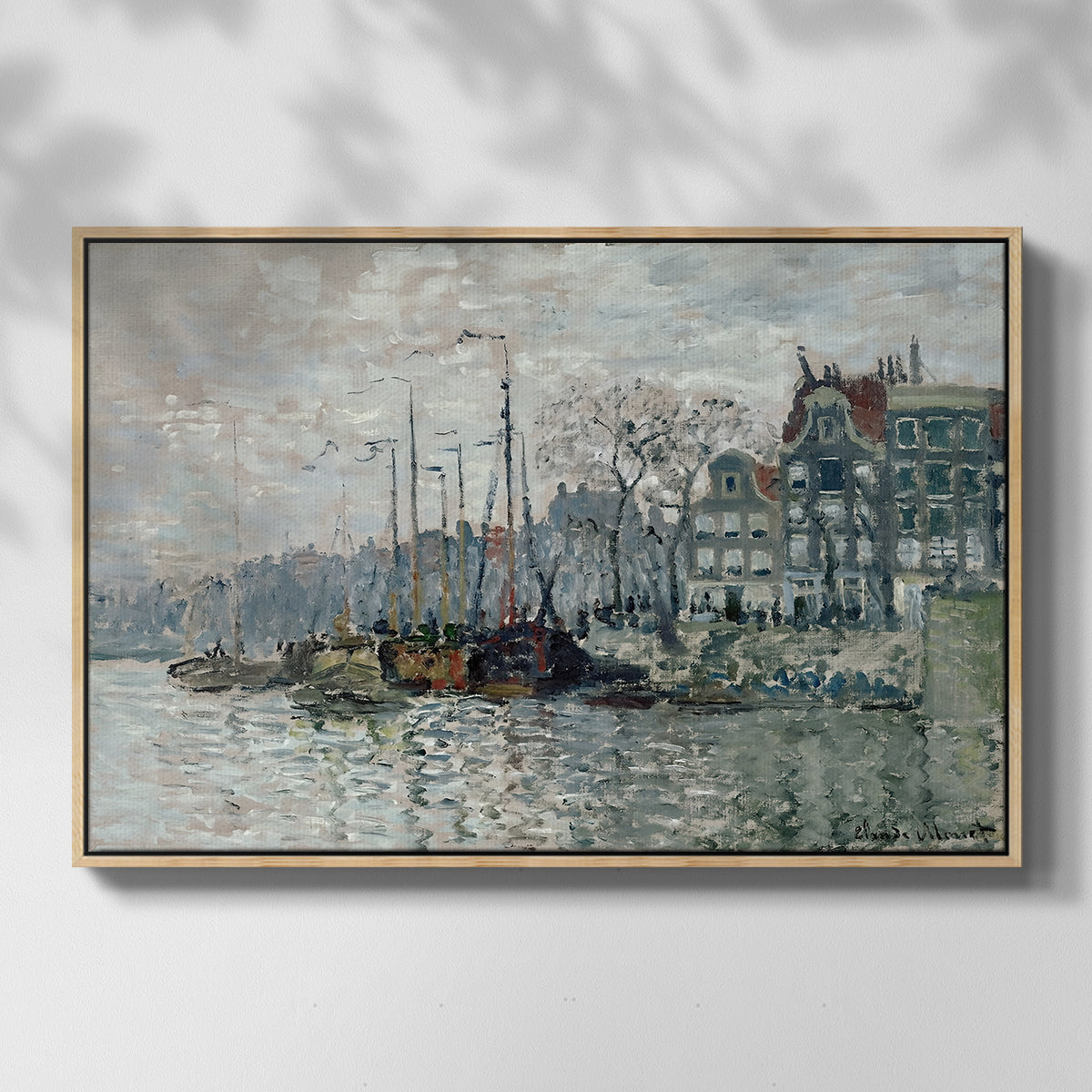 Front view of View of the Prins Hendrikkade and Kromme Waal in Amsterdam, 1874 by Claude Monet in a natural wood floater framed canvas.
