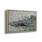Angled view of View of the Prins Hendrikkade and Kromme Waal in Amsterdam, 1874 by Claude Monet in a natural wood floater framed canvas.