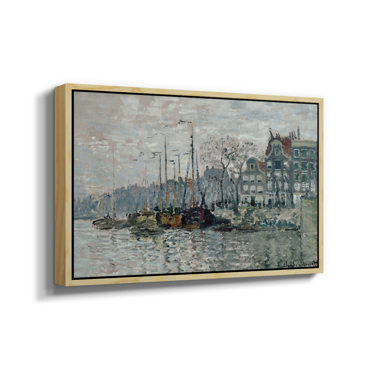 Angled view of View of the Prins Hendrikkade and Kromme Waal in Amsterdam, 1874 by Claude Monet in a natural wood floater framed canvas.