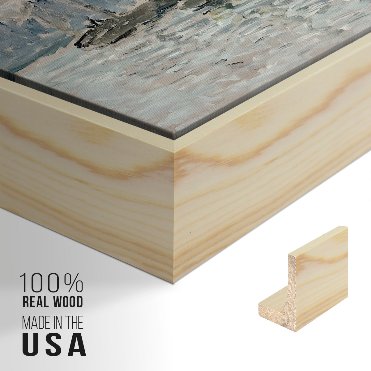 Close-up of the natural wood floater frame corner and gallery wrapped canvas construction.
