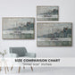 Size comparison chart for natural wood floater framed canvas featuring View of the Prins Hendrikkade and Kromme Waal in Amsterdam, 1874 by Claude Monet.