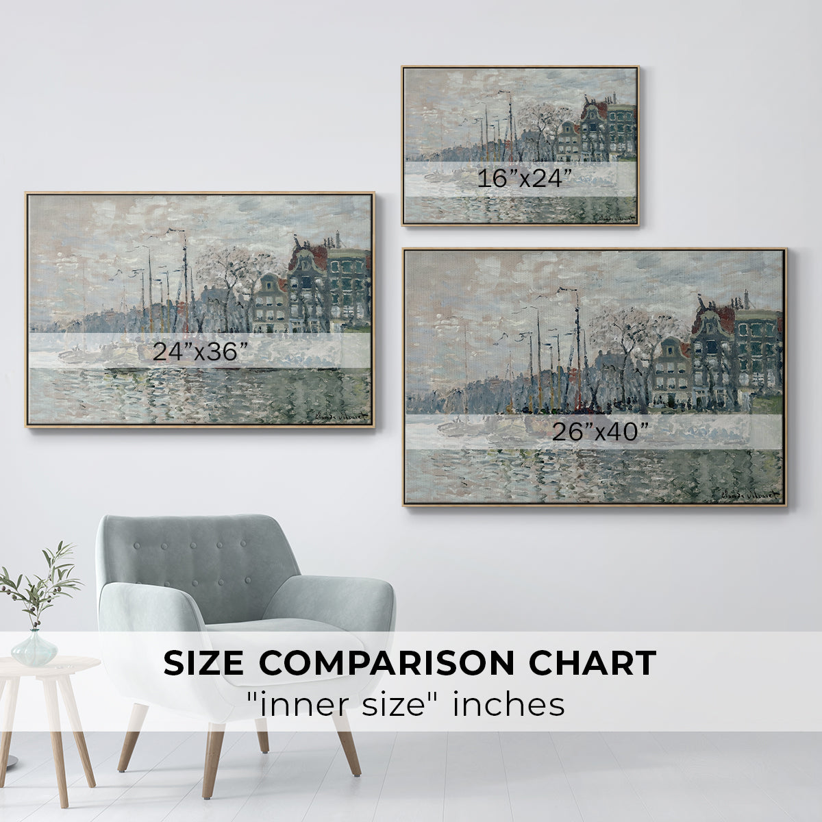 Size comparison chart for natural wood floater framed canvas featuring View of the Prins Hendrikkade and Kromme Waal in Amsterdam, 1874 by Claude Monet.