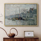 Natural wood floater framed canvas featuring an urban waterway with docked boats and European buildings, displayed above a cabinet in a soft-toned living room.