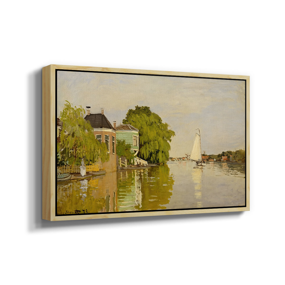 Angled view of Houses on the Achterzaan, 1871 by Claude Monet in a natural wood floater framed canvas.