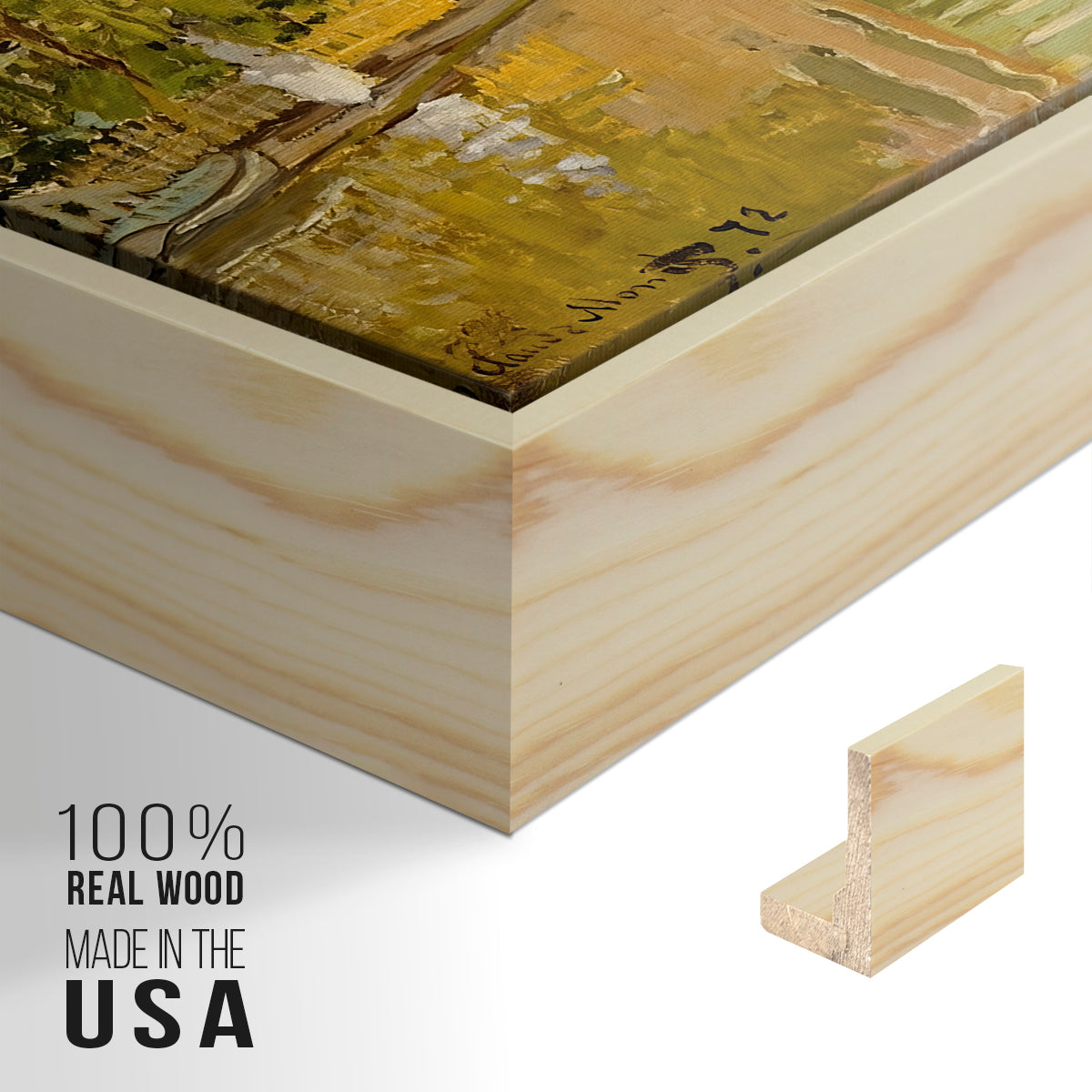 Close-up of the natural wood floater frame corner and gallery wrapped canvas construction.
