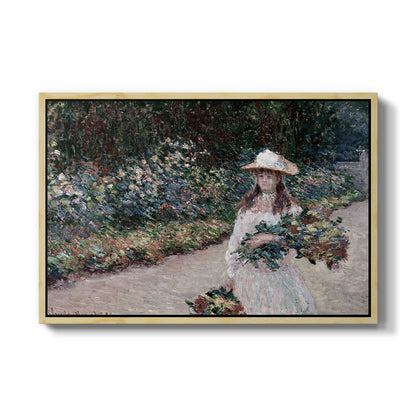 Young Girl in the Garden at Giverny, 1888 by Claude Monet in a natural wood floater framed canvas wall art display.