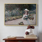 Natural wood floater framed canvas featuring Young Girl in the Garden at Giverny, 1888 by Claude Monet above an entryway table in a minimalist foyer.