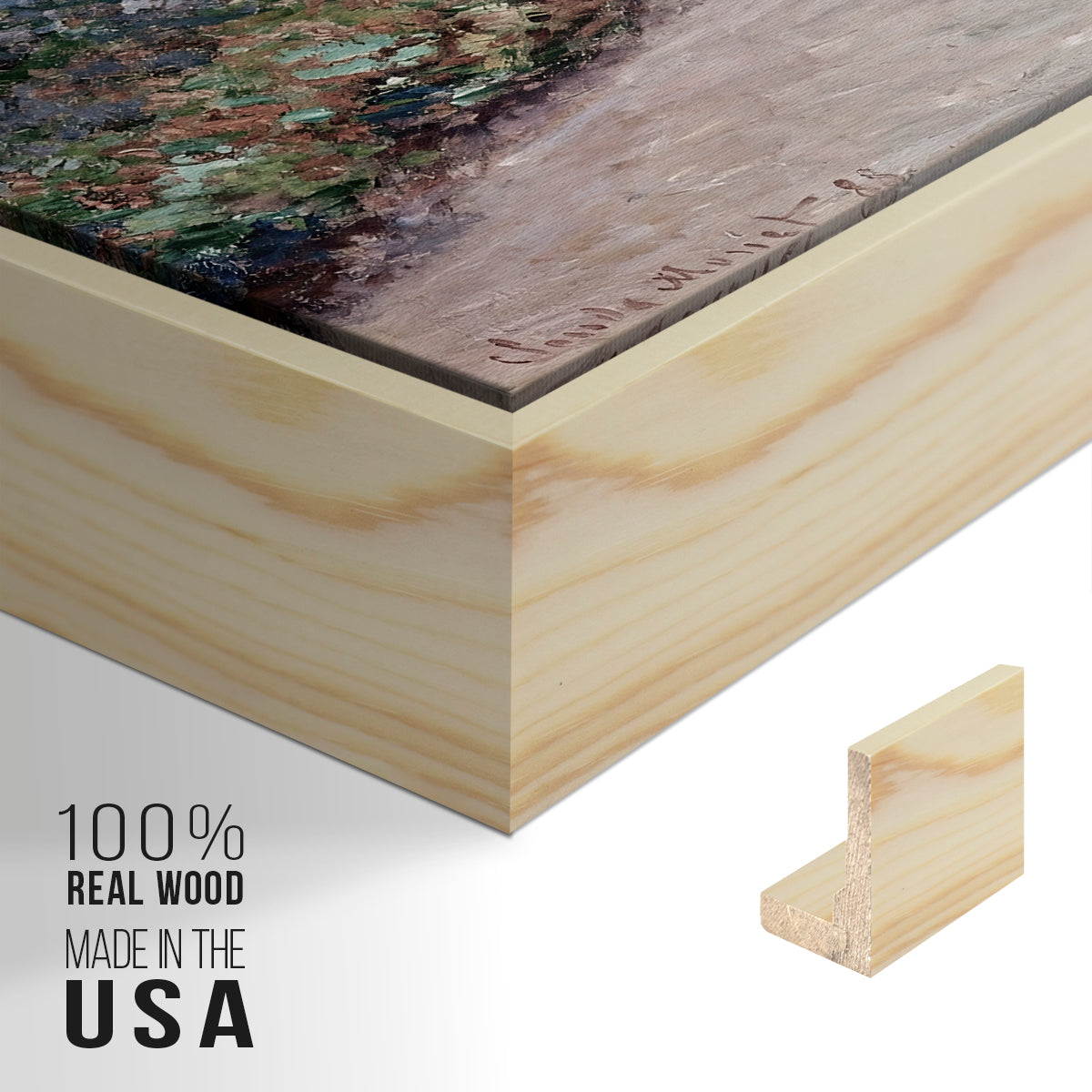 Close-up of the natural wood floater frame corner and gallery wrapped canvas construction.