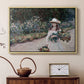 Natural wood floater framed canvas featuring a figure resting in colorful garden under soft light, displayed above a cabinet in a soft-toned living room.