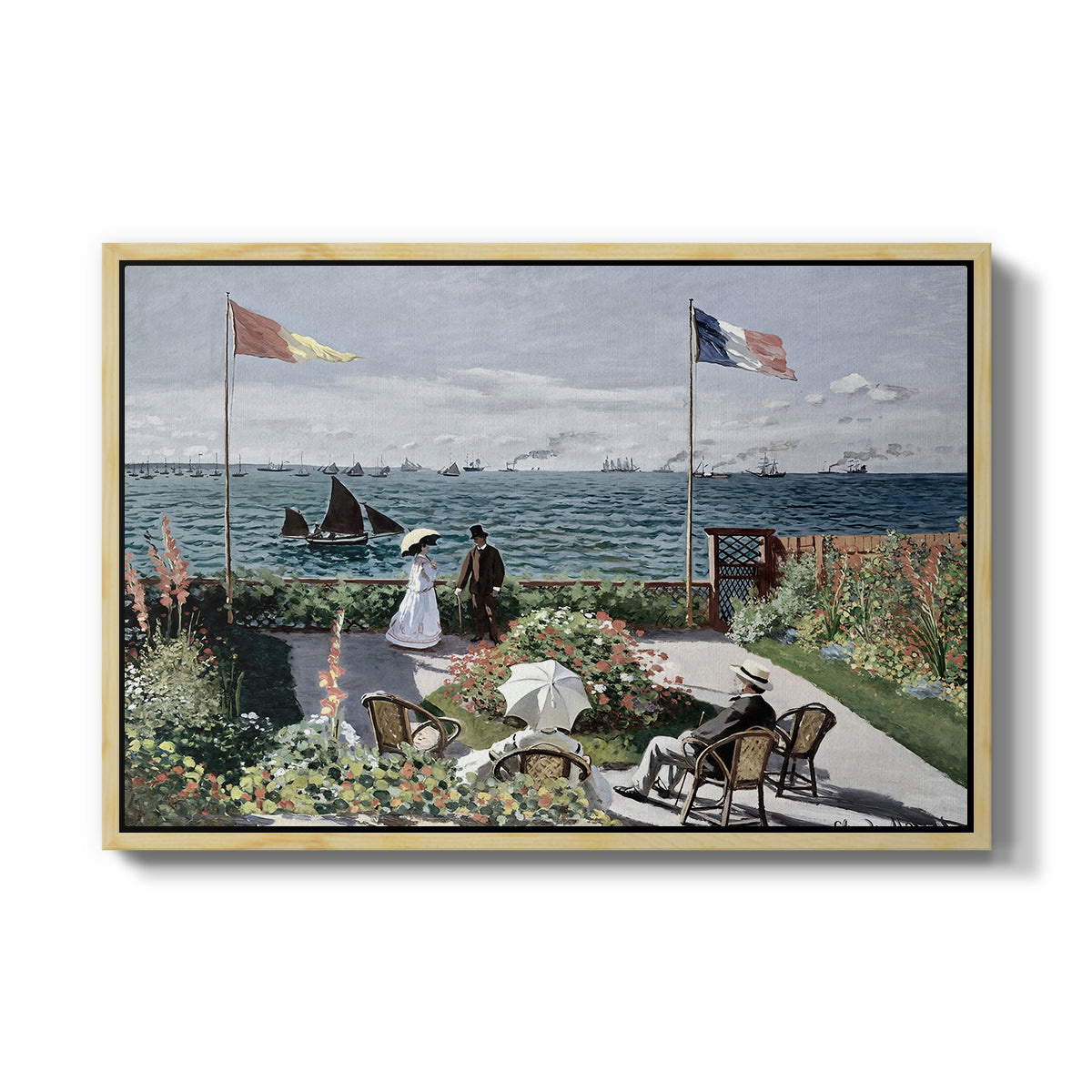 Garden at Sainte-Adresse, 1867 by Claude Monet in a natural wood floater framed canvas wall art display.