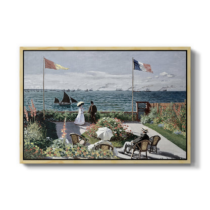 Garden at Sainte-Adresse, 1867 by Claude Monet in a natural wood floater framed canvas wall art display.