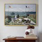 Natural wood floater framed canvas featuring Garden at Sainte-Adresse, 1867 by Claude Monet above an entryway table in a minimalist foyer.