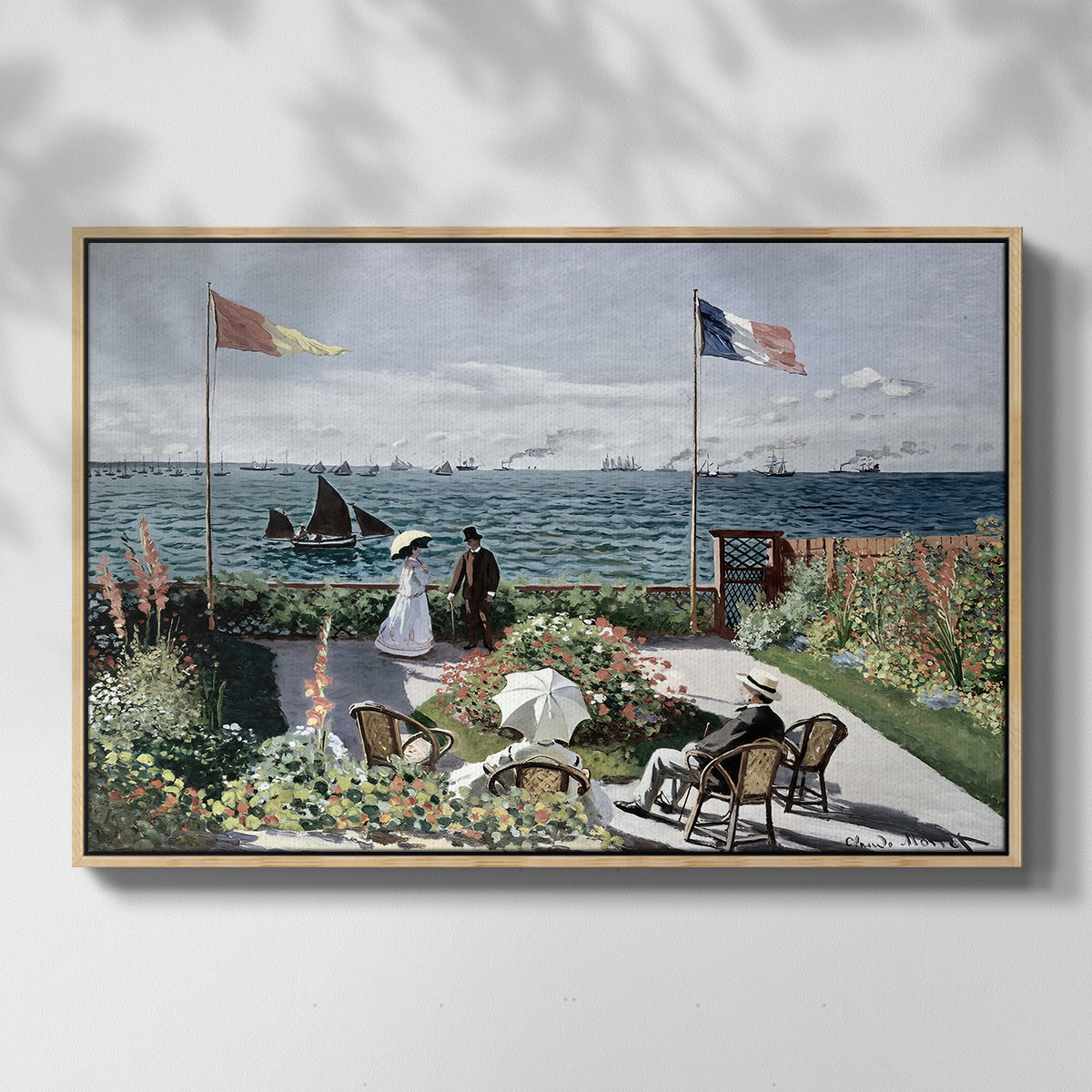 Front view of Garden at Sainte-Adresse, 1867 by Claude Monet in a natural wood floater framed canvas.