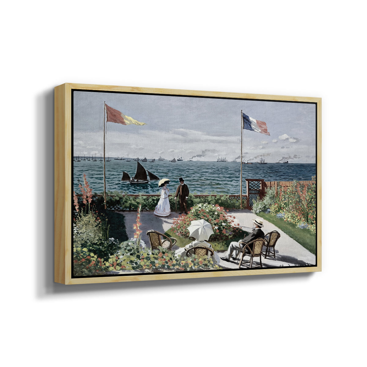 Angled view of Garden at Sainte-Adresse, 1867 by Claude Monet in a natural wood floater framed canvas.
