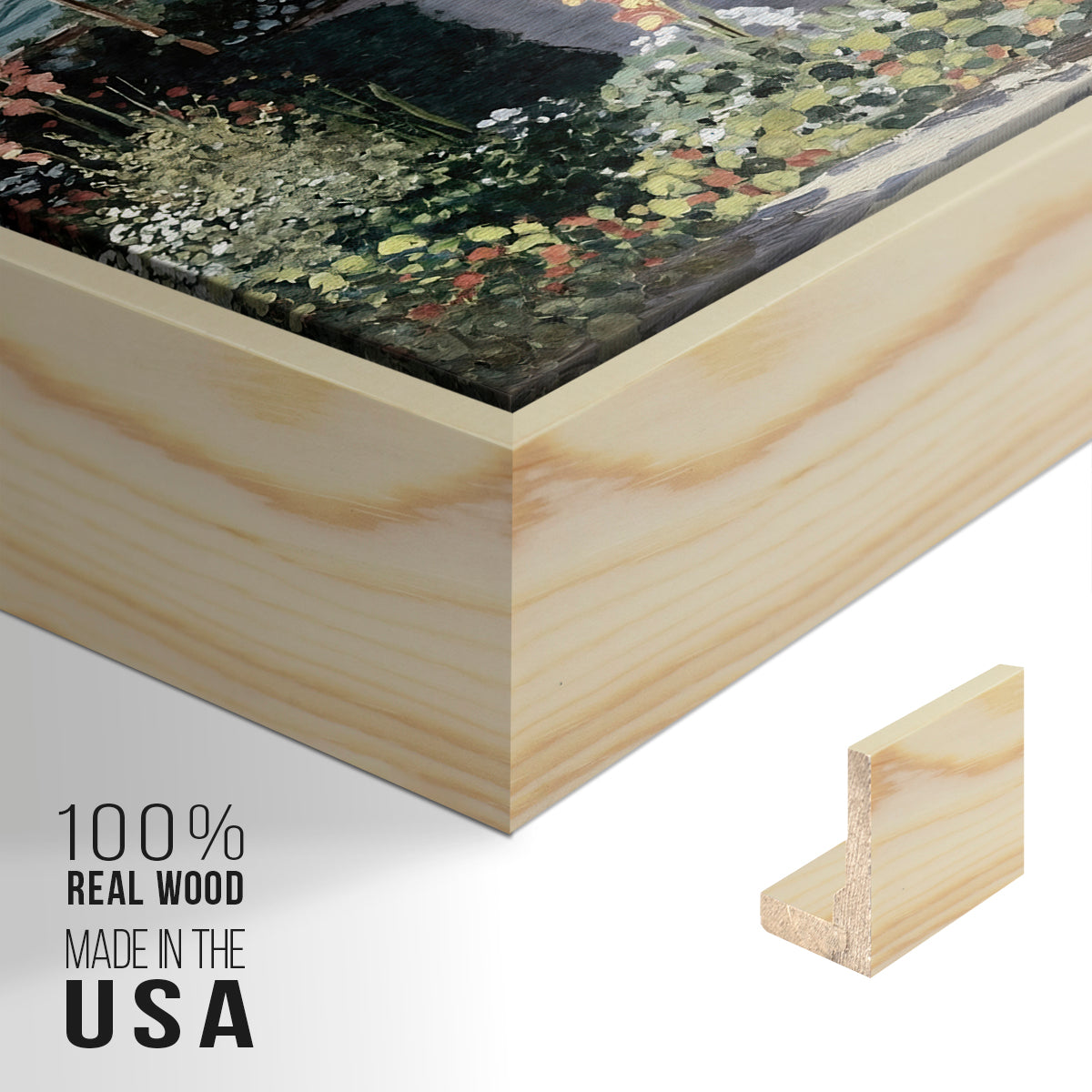 Close-up of the natural wood floater frame corner and gallery wrapped canvas construction.