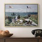 Garden at Sainte-Adresse, 1867 by Claude Monet in a natural wood floater framed canvas displayed above a console table in a hallway, featuring a landscaped terrace with figures and flags near shoreline.