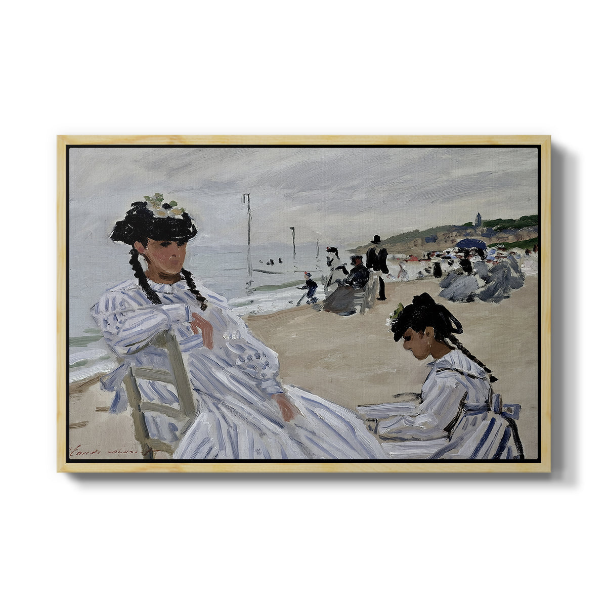 On the Beach at Trouville, 1870 by Claude Monet in a natural wood floater framed canvas wall art display.