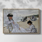 Front view of On the Beach at Trouville, 1870 by Claude Monet in a natural wood floater framed canvas.