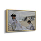 Angled view of On the Beach at Trouville, 1870 by Claude Monet in a natural wood floater framed canvas.
