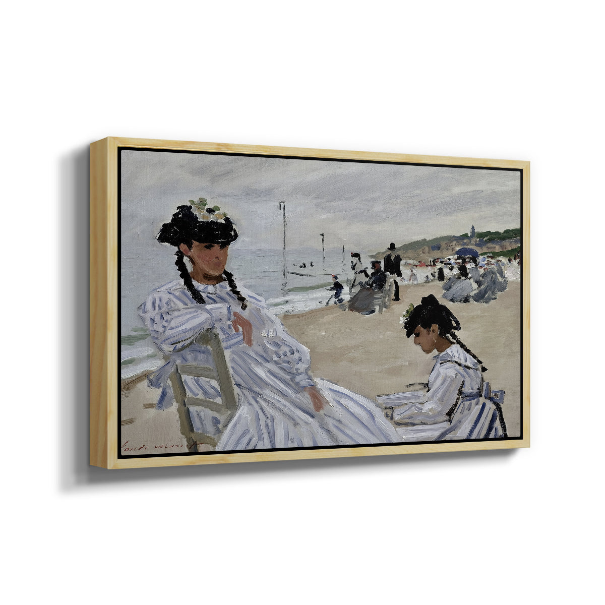 Angled view of On the Beach at Trouville, 1870 by Claude Monet in a natural wood floater framed canvas.