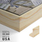 Close-up of the natural wood floater frame corner and gallery wrapped canvas construction.