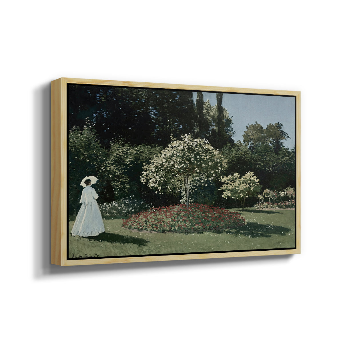 Angled view of Woman in the Garden, Sainte-Adresse, 1867 by Claude Monet in a natural wood floater framed canvas.
