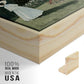 Close-up of the natural wood floater frame corner and gallery wrapped canvas construction.