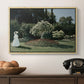 Woman in the Garden, Sainte-Adresse, 1867 by Claude Monet in a natural wood floater framed canvas displayed above a console table in a hallway, featuring a tranquil garden portrait with soft natural light.