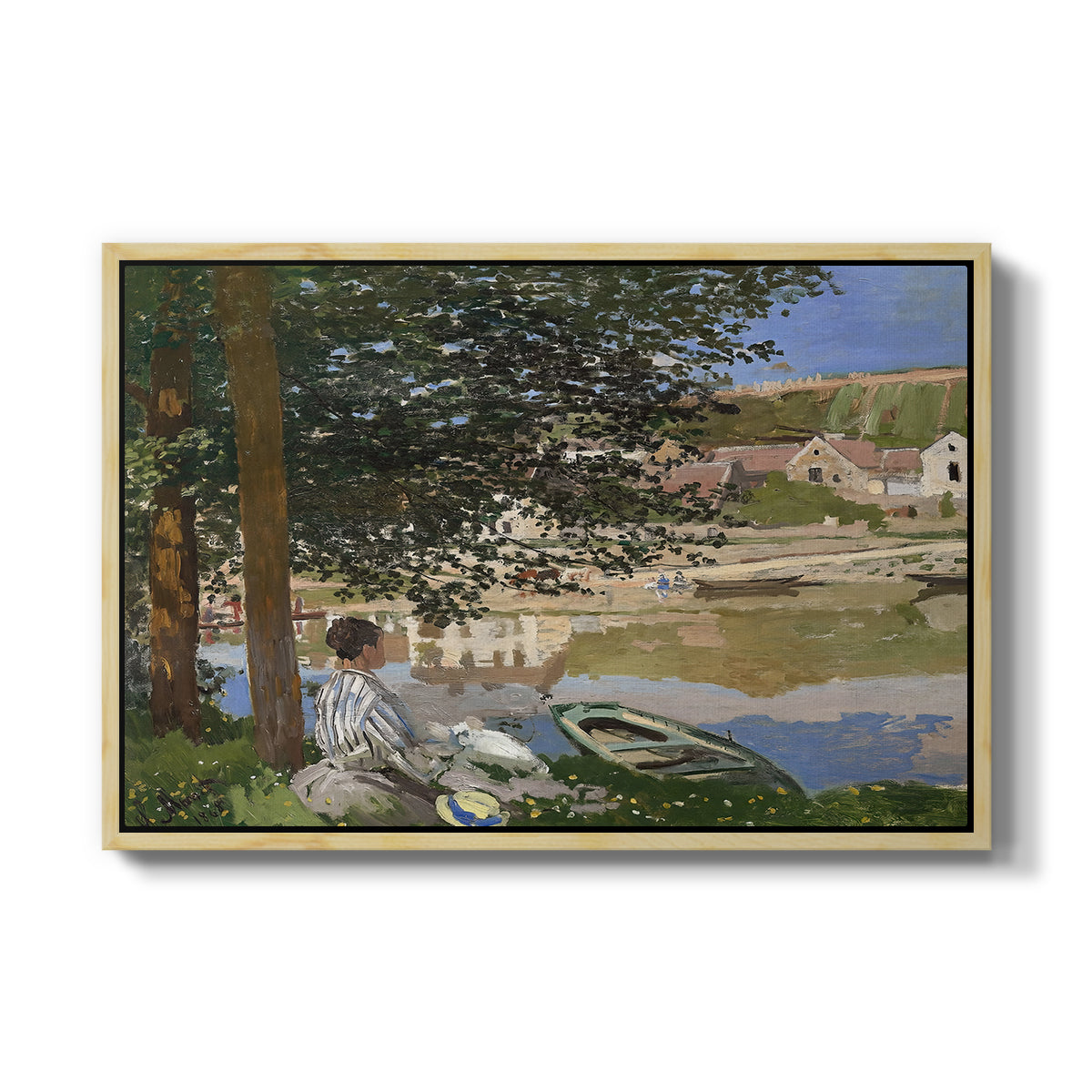 On the Bank of the Seine, Bennecourt, 1868 by Claude Monet in a natural wood floater framed canvas wall art display.